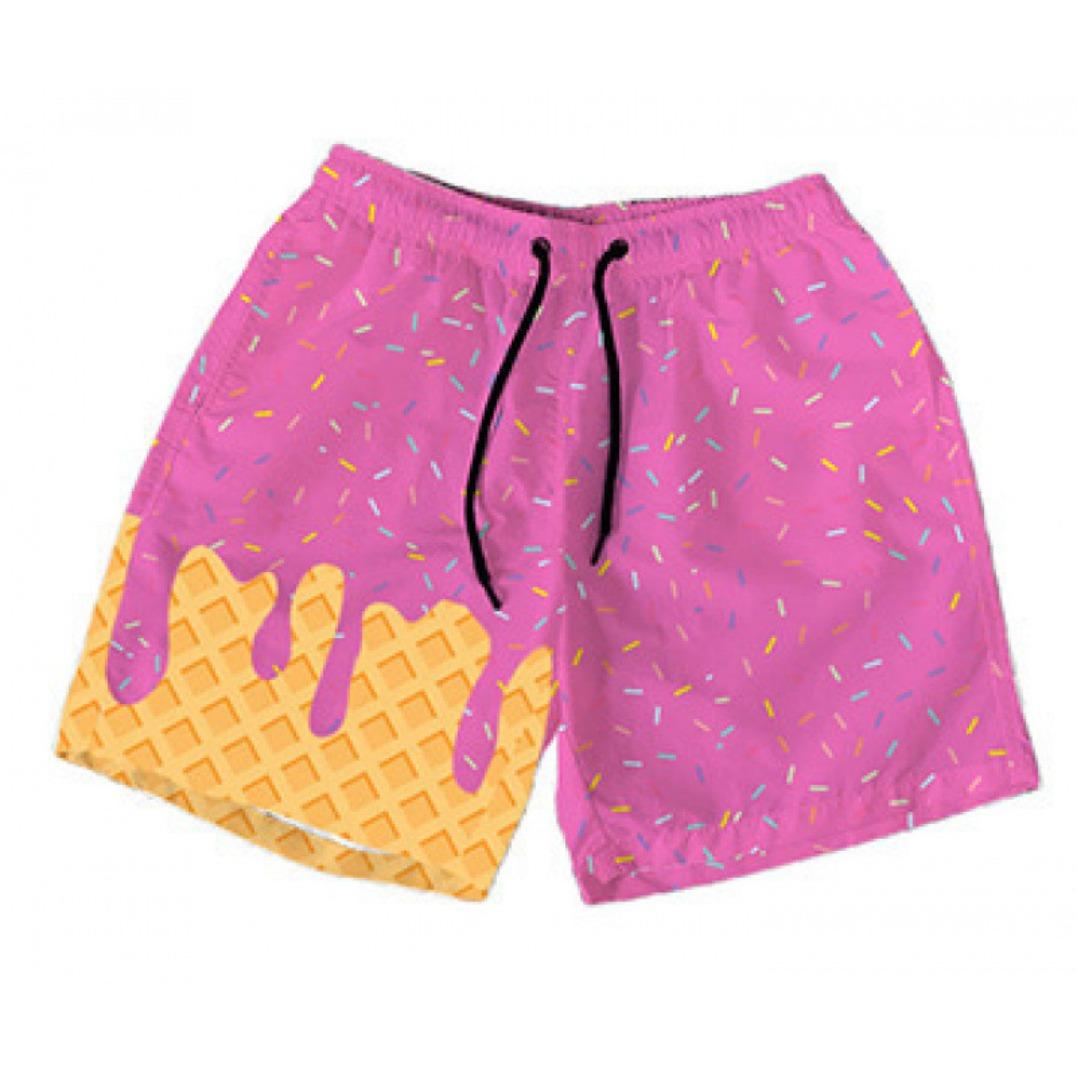 Polyester breathable 3D printed ice cream beach shorts, summer vacation loose surfing shorts, unisex fun casual sports shorts