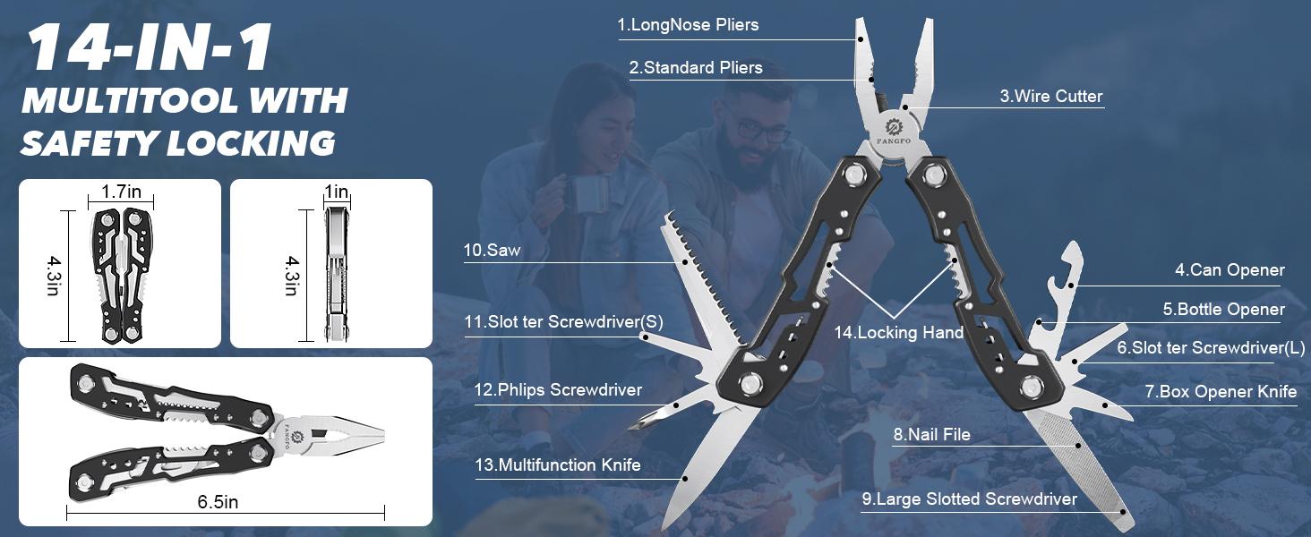 14-In-1 Professional Stainless Steel Multitool with Safety Locking, Pliers, Pocket Knife, Bottle Opener, Screwdriver and Nylon Sheath, For Survival, Camping, Hunting and Hiking 1 Pcs
