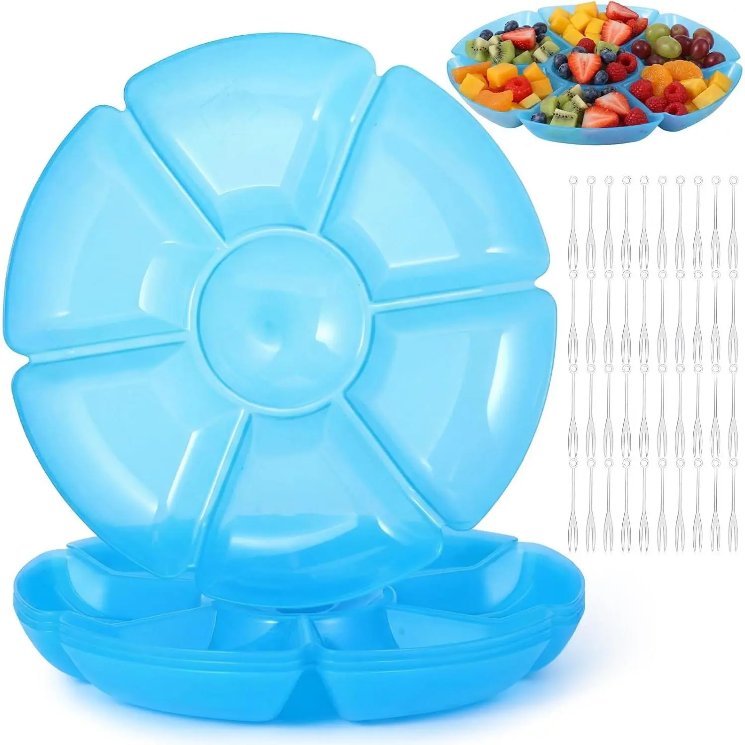 4 Pcs Sectional Heavyweight Plastic Divided Plates Serving Trays with 40 Disposable Forks 10.6" 7 Section Round Chip Dip Plate Snack Food Platter for Nut Candy Veggie Fruit (Blue)