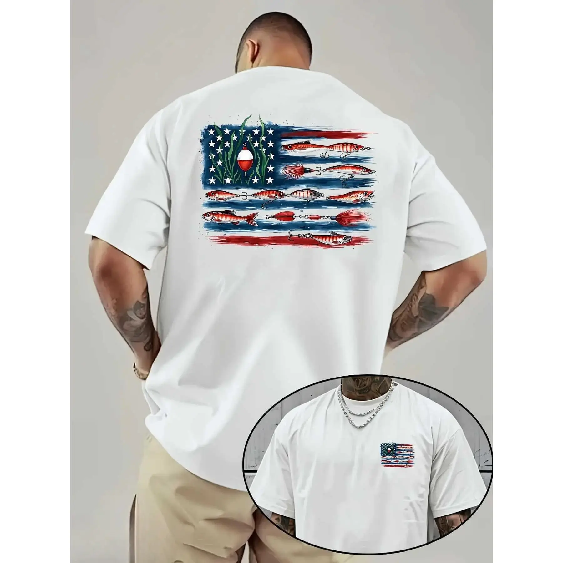 American Flag And Fish Print Short-Sleeve T-Shirt. The Design Combines The American Flag with Fishing Elements, Making It Suitable for Outdoor Fishing Enthusiasts in Summer. It'S a Great Father'S Day Gift Or a Special Present for Fishing Lovers.