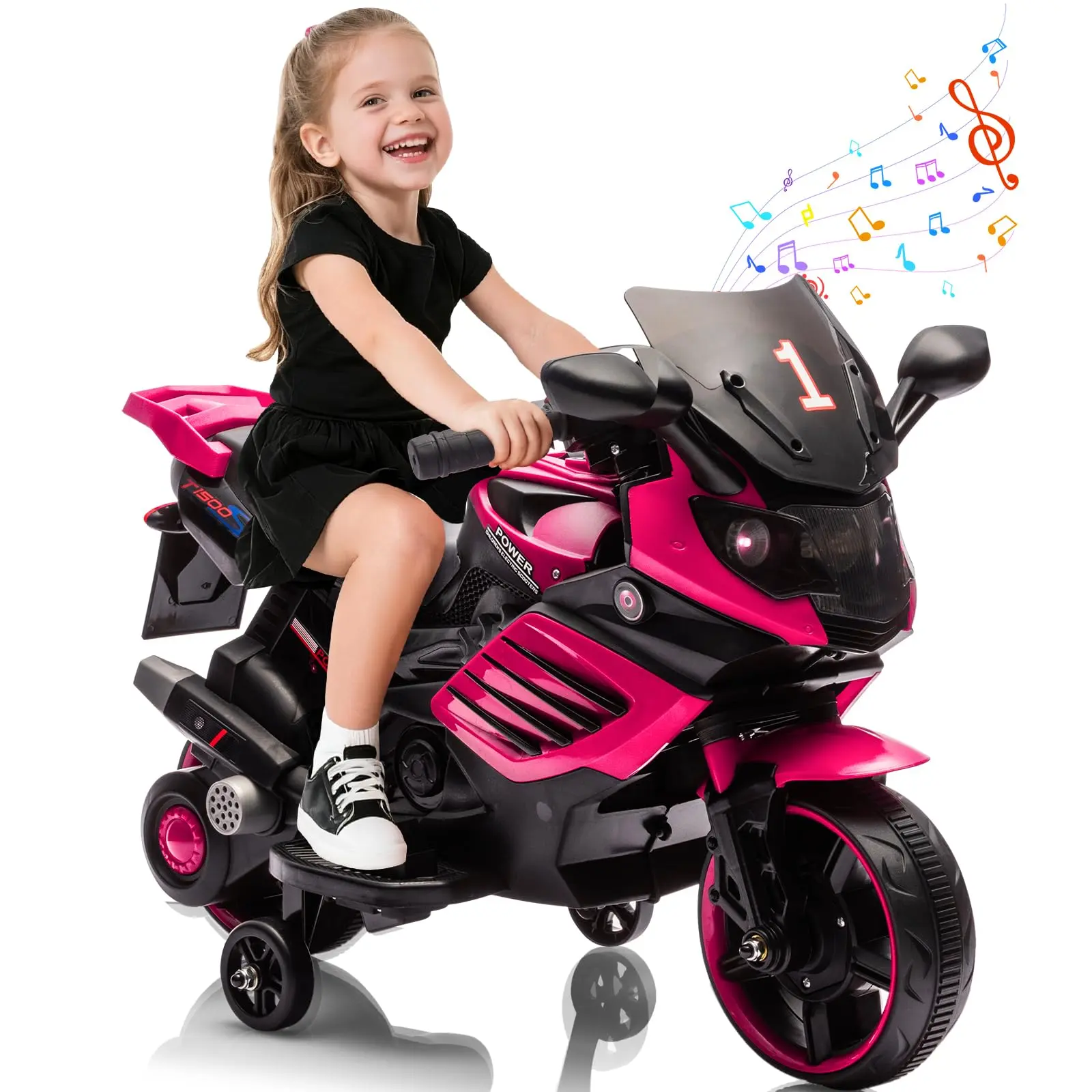 6V Kids Electric Ride On Motorcycle for 3-6 Years, Rechargeable Motorbike with Training Wheels, Headlight, Horn & Music, CPSC Certified PP Material, Anti-Slip Tires