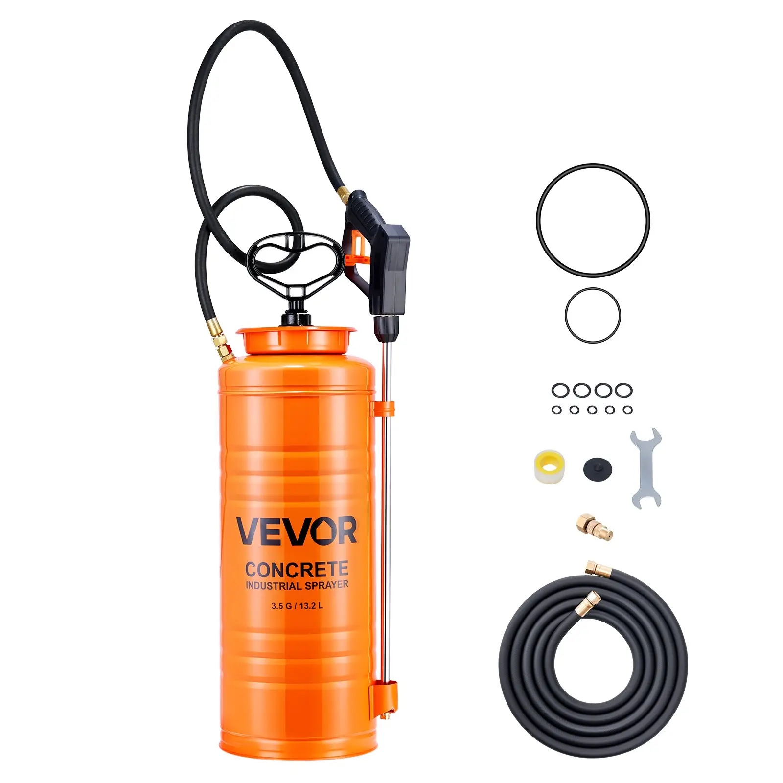 VEVOR Industrial Concrete Sprayer, 3.5 Gallon Stainless Steel Sprayer, Heavy Duty Tri-Poxy Pump Sprayers, 20.5"Wand with Ergonomic Gun Handle, 48"& 120"Hose, 2 Brass Nozzles for Construction, Garden