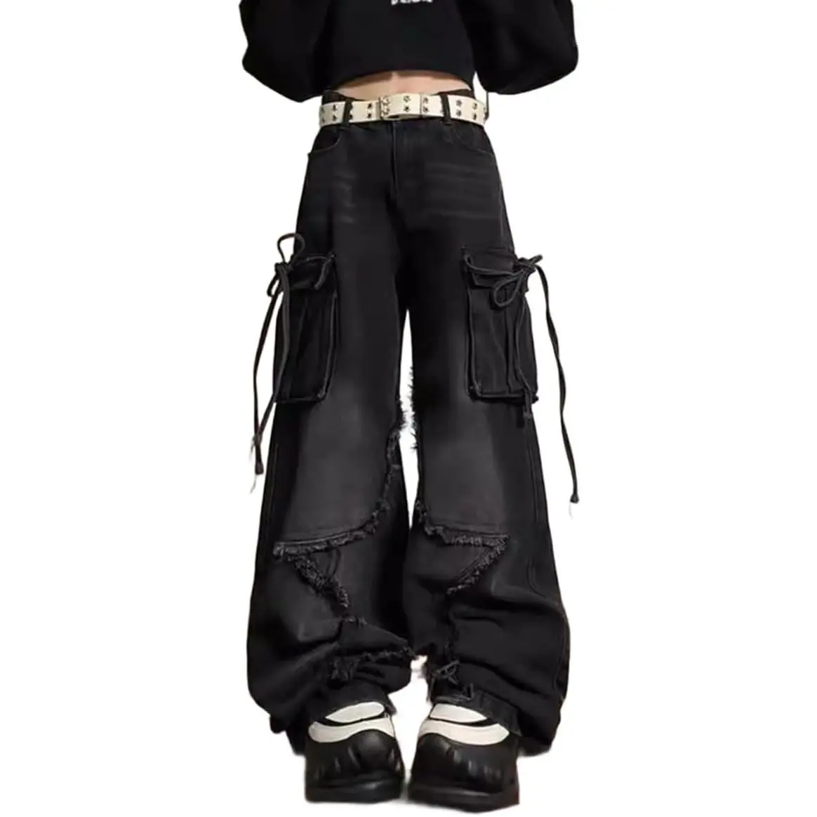 Baggy Denim Cargo Pants for Women Teen Girls Cute Star Y2K Streetwear Jeans | High Waist Wide Leg Strech Cargo Jeans, Elastic Loose Fit Casual Denim Pants with Pockets,2000s Petite Boyfriend Streetwear