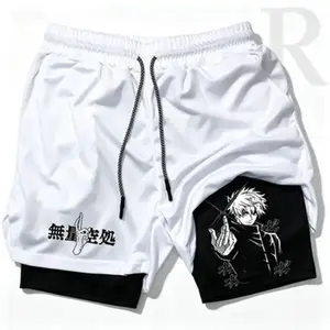 Men’s Jujutsu Kaisen Gojo Satoru 2-in-1 Running Shorts, Quick-Dry Athletic Gym Shorts for Streetwear, Anime Layered Training Summer Sports Shorts