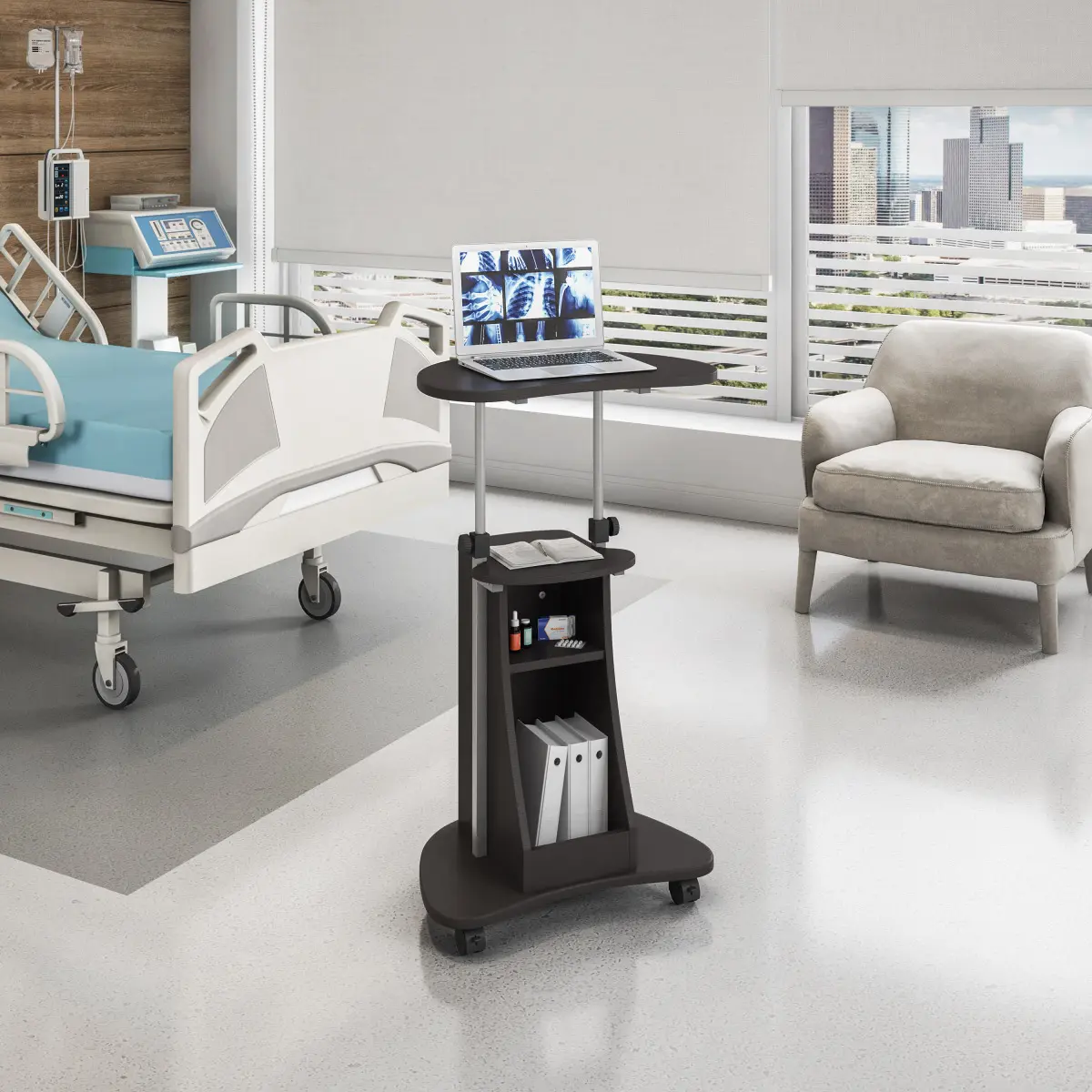 Sit-to-Stand Rolling Adjustable Height Laptop Cart With Storage, Graphite
