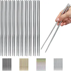 10 Pairs Reusable Chopsticks, Stainless Steel Metal Chop Sticks, Japanese Chinese Korean Chopstick Dishwasher Safe, 8.9 Inch (Silver / Chop sticks)