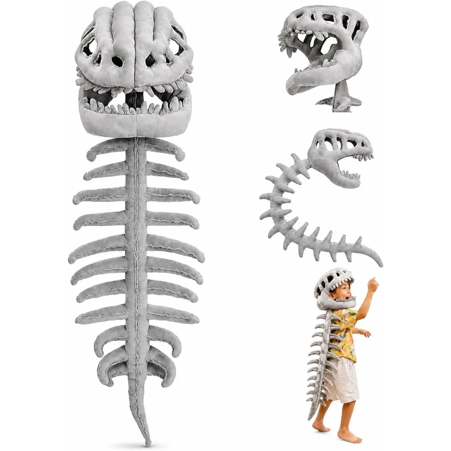 Dinosaur Skeleton Costume – 3D Spinosaurus Skull Mask & Plush Spine – Soft Cosplay Outfit for Halloween & PartyGift