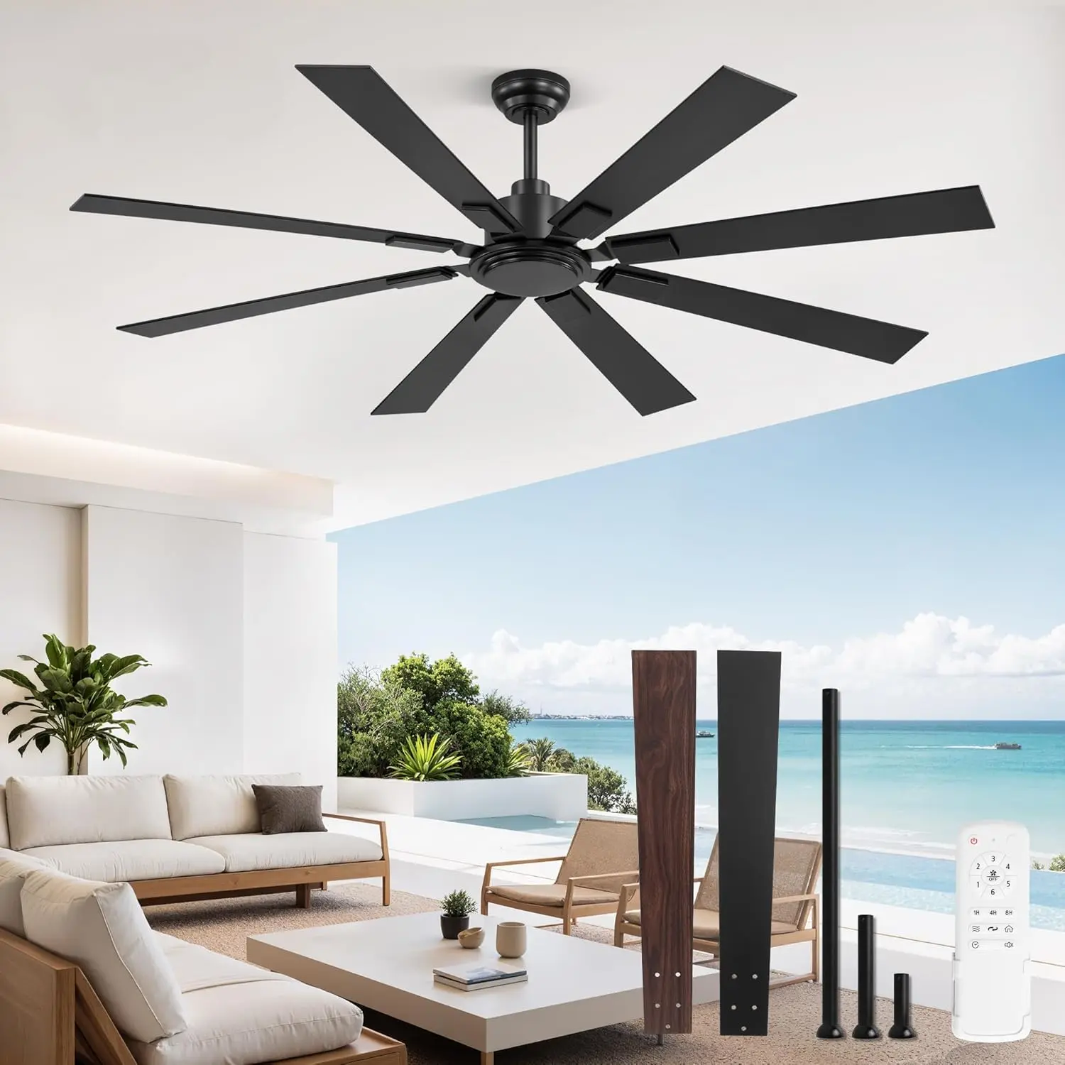 65 Inch Outdoor Ceiling Fans No Light with Remote, Damp-Rated Black Modern Ceiling Fan Without Light, 6-Speed Reversible DC , Humidity-Resistant 8  for Patio Porch Gazebo Garage