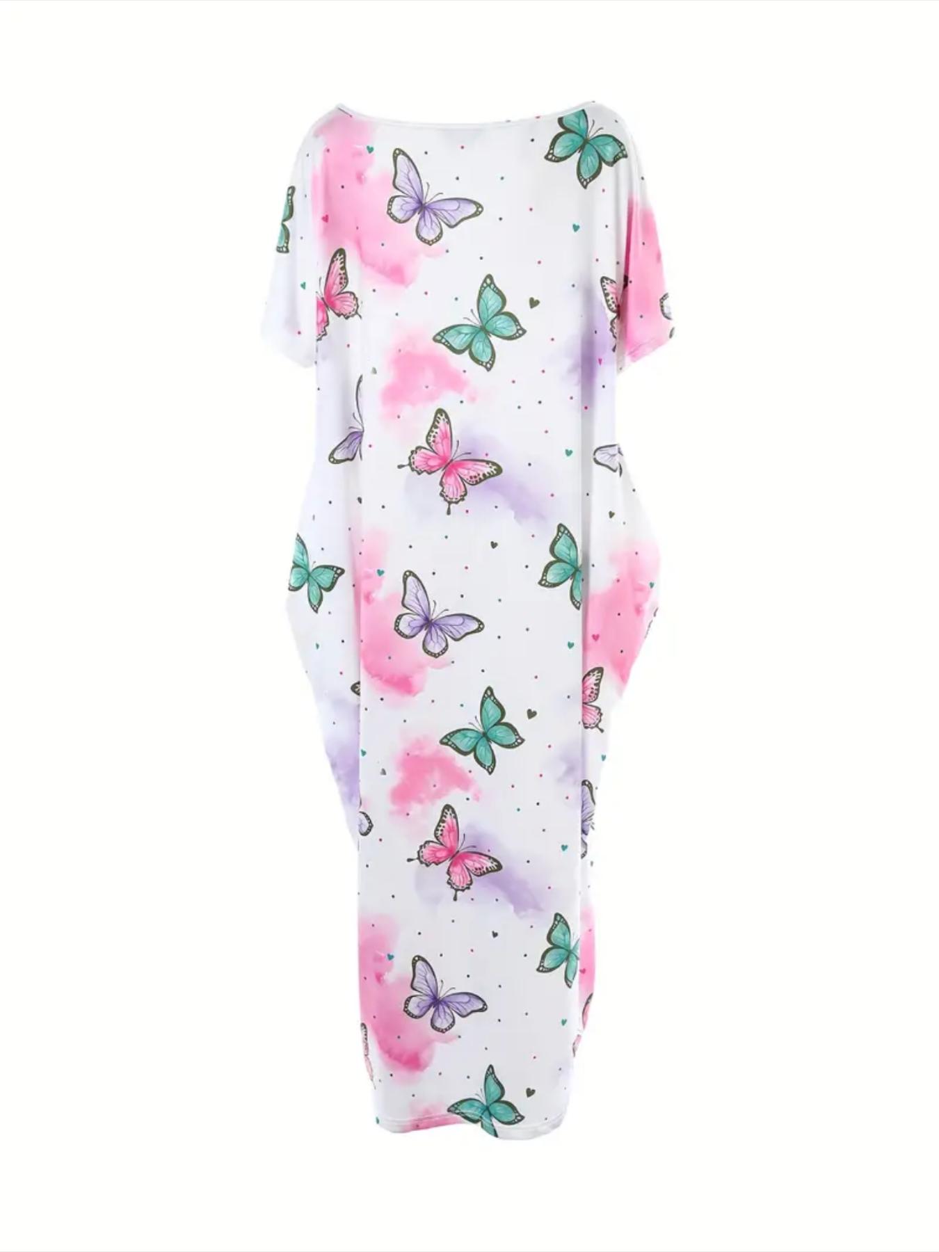 Women's Butterfly/Star Print Pocket Round Neck Nightdress, Casual Soft Comfortable Short Sleeve Nightgown for All Seasons, Lady's Sleepwear for Indoor Wear, Sleepwear Dresses