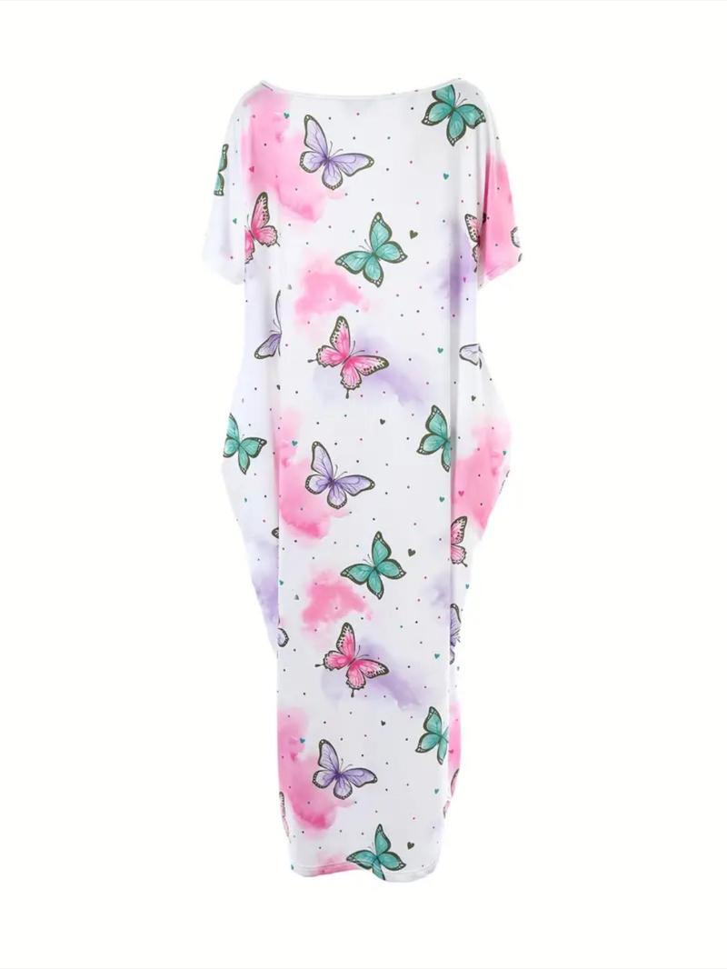 Women's Butterfly/Star Print Pocket Round Neck Nightdress, Casual Soft Comfortable Short Sleeve Nightgown for All Seasons, Lady's Sleepwear for Indoor Wear, Sleepwear Dresses