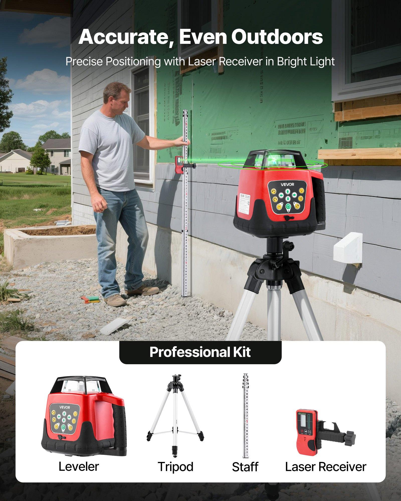 【FathersDayGift】 VEVOR Rotary Laser Leveler Tool Kit, 2000ft 360-Degree Self-Leveling Green Horizontal Laser Transit, with Tripod, Receiver, Remote Control, Scale, Toolcase, IP66 Waterproof, 0.80in/100ft Accuracy for Construction