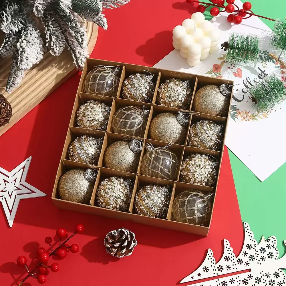 16Pcs Luxury Christmas Ornaments Set, 2.36" Shatterproof Beaded & Painted Christmas Tree Hanging Balls, Mixed Clear Grid & Glitter Foam Ornaments for Holiday Wedding Party & Winter Decor
