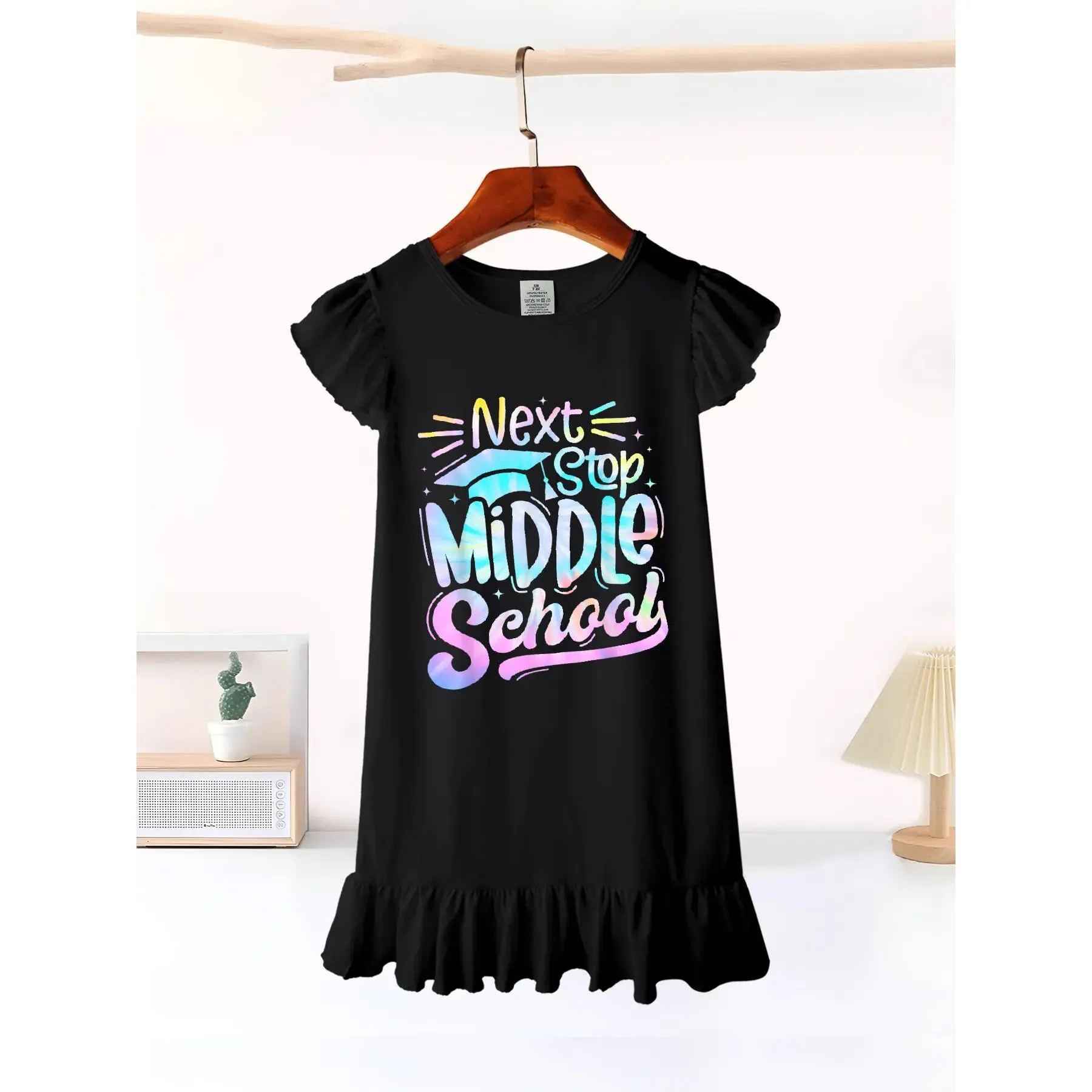 Next Stop Middle School Tie Dye Elementary School Graduation Girls' Summer Flutter Sleeve Casual Dress - Soft, Durable, Easy-Care, Ideal for School & Outdoor Activities - Local warehouse