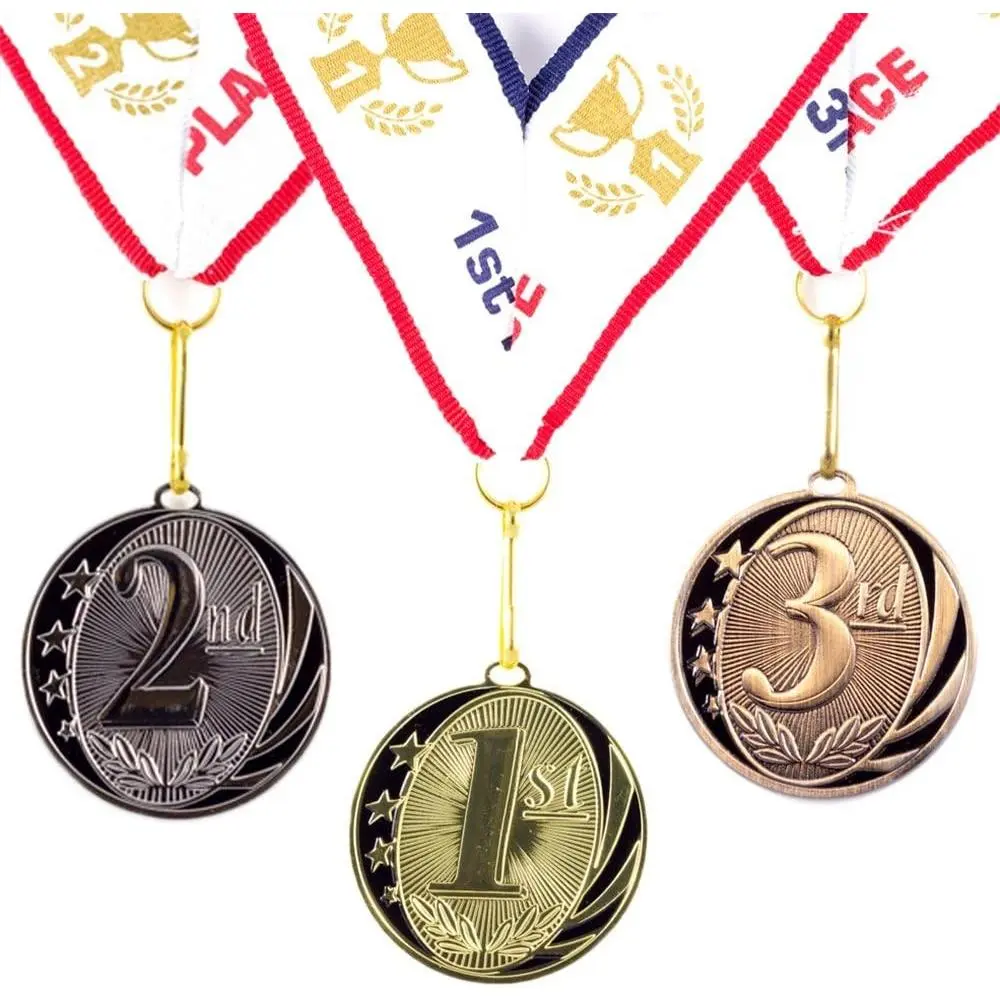3 Pcs Gold Silver Bronze 1st 2nd 3rd Place Award Medals Set with Neck Ribbon