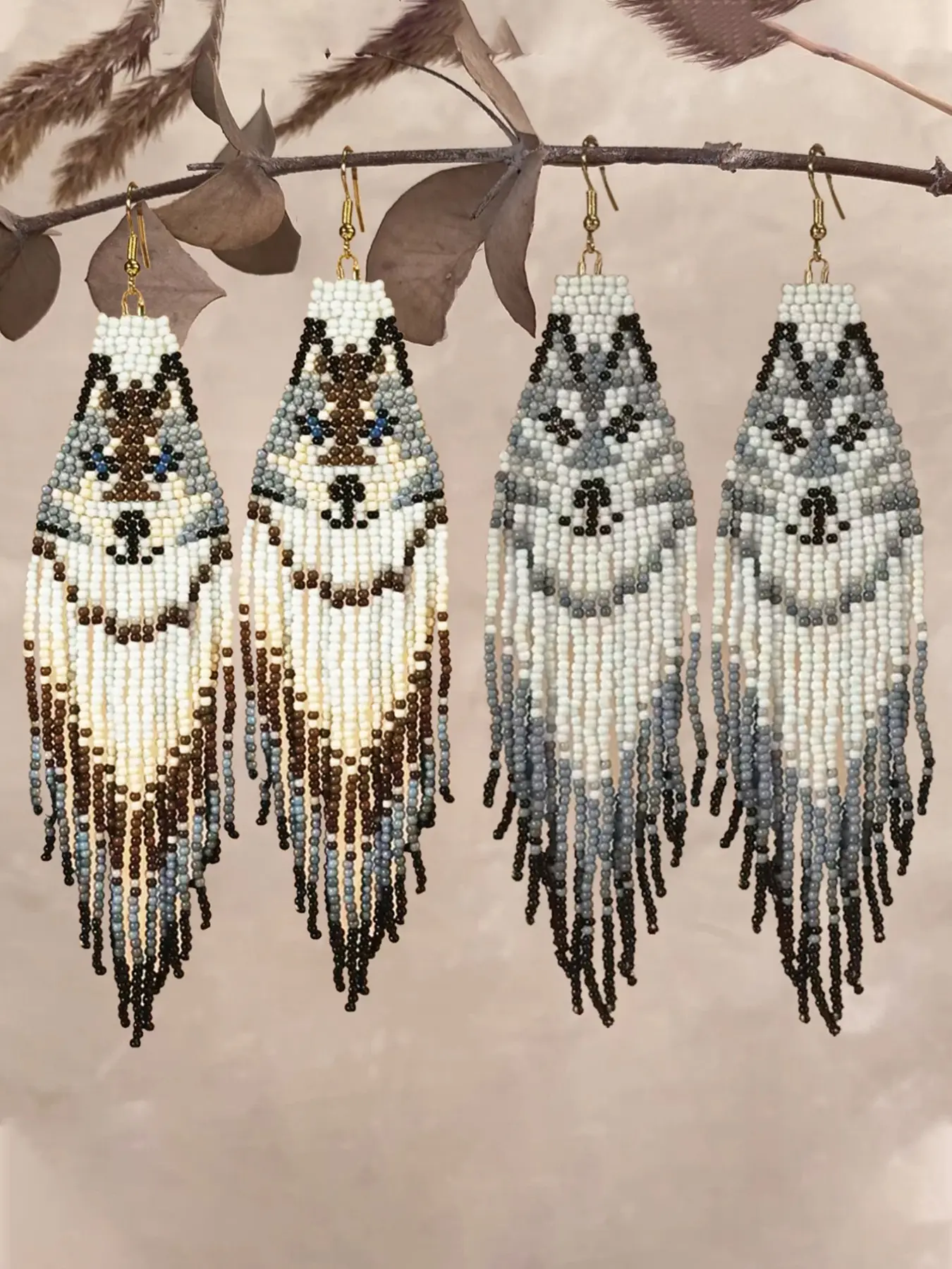 Handmade Vintage Bohemian Style Earrings, and Beaded Tassel Drop, Arctic Wolf Pattern, Elegant Jewelry for Teens
