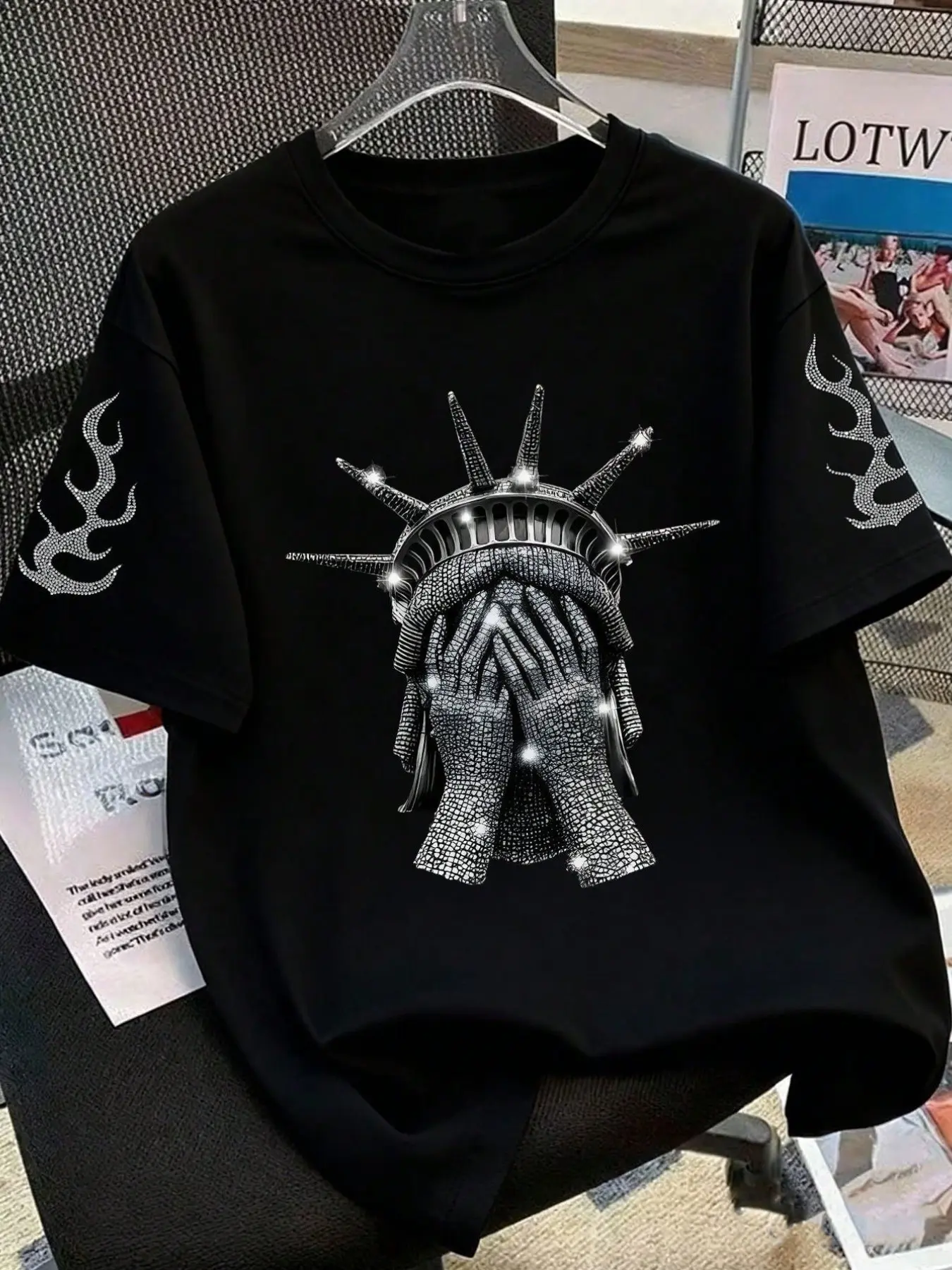 American High Street Statue of Liberty Rhinestone Print Short Sleeve T-Shirt, Retro Flame Rhinestone Sleeves, Unisex Casual Top