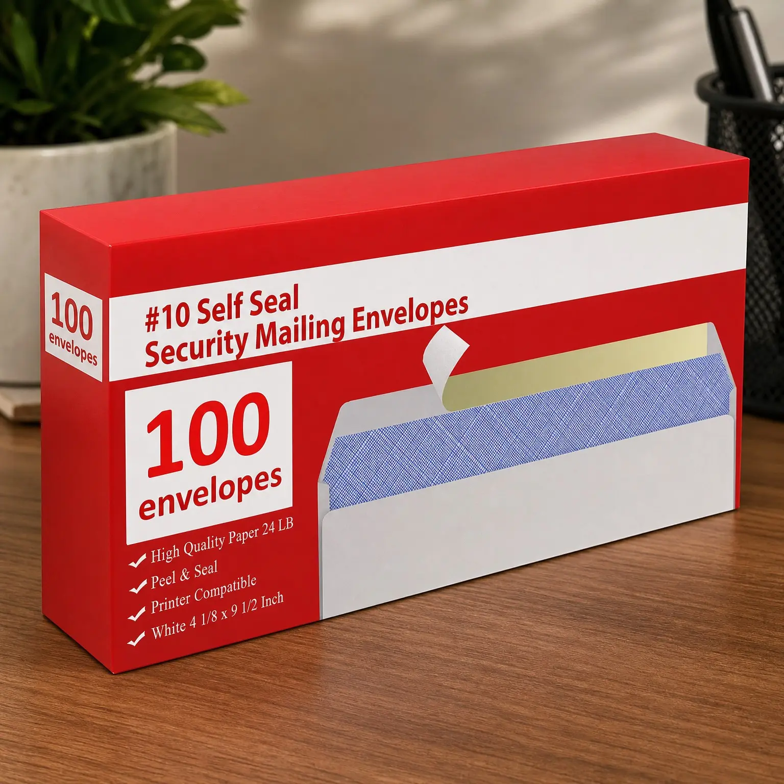 #10 Self Seal Envelopes, 100 Pack White Windowless Security Tinted Business Mailing Envelopes, Letter Size 4-1/8 x 9-1/2 Inches, 24 LB