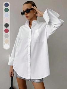 women's solid color long sleeve button shirt, casual curved hem top for work office business, ladies clothes for all seasons, womenswear, casual tops