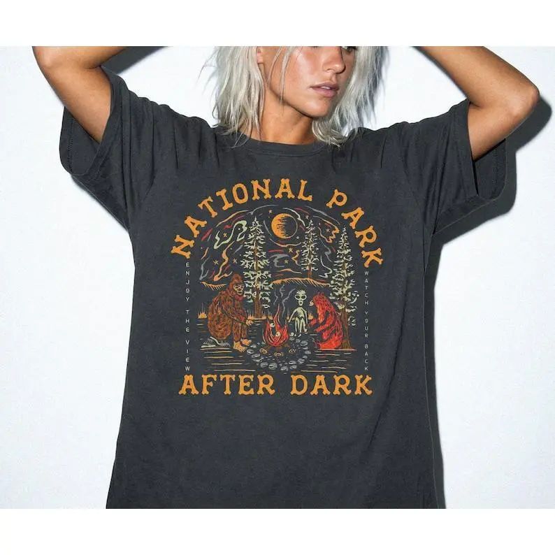 National Park After Dark Shirt, Bigfoot UFO Camping Tee, Cryptid Campfire Shirt, Sasquatch Alien Bear Comfort Colors Tee