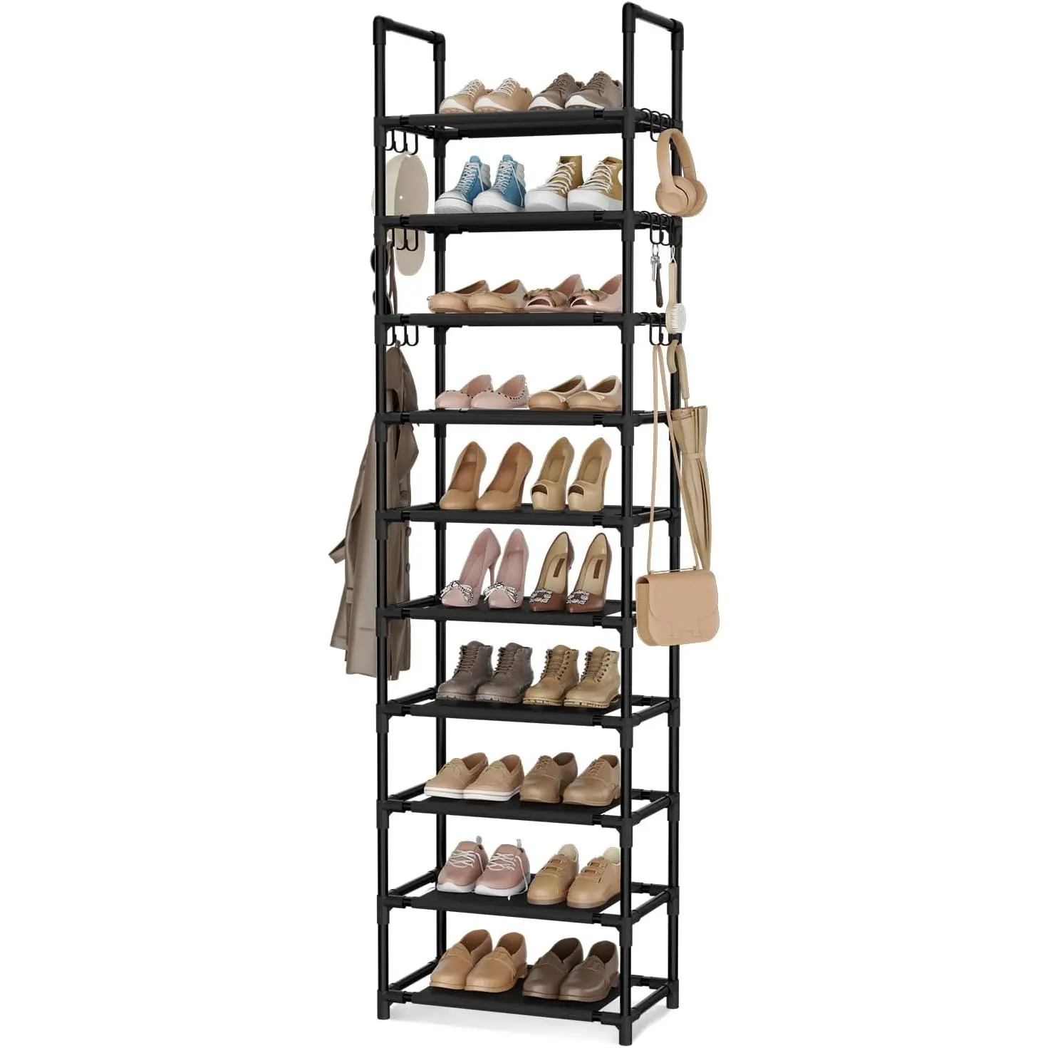10 Tiers Tall Shoe Rack Holds 20-25 Pairs of Shoes Sturdy Vertical Shoe Organizer with 18 count Hooks Stackable Narrow Shoe Rack for Closet, Entryway Black