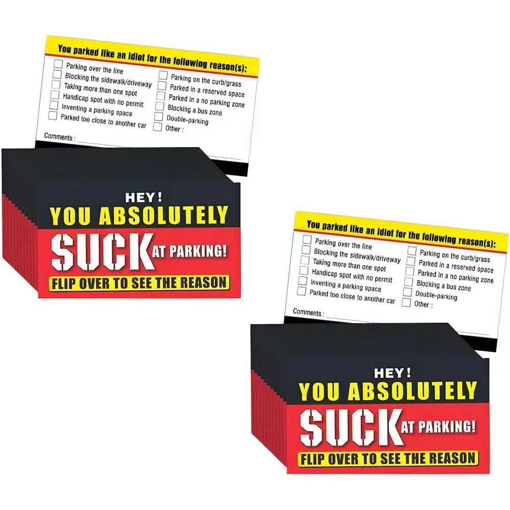 Bad Parking  Cards, 100 count 3.5" x 2" You  Suck at Parking Violation Tickets with Multi Violation Reasons, Automotive Bad Stopping  Lables,  for