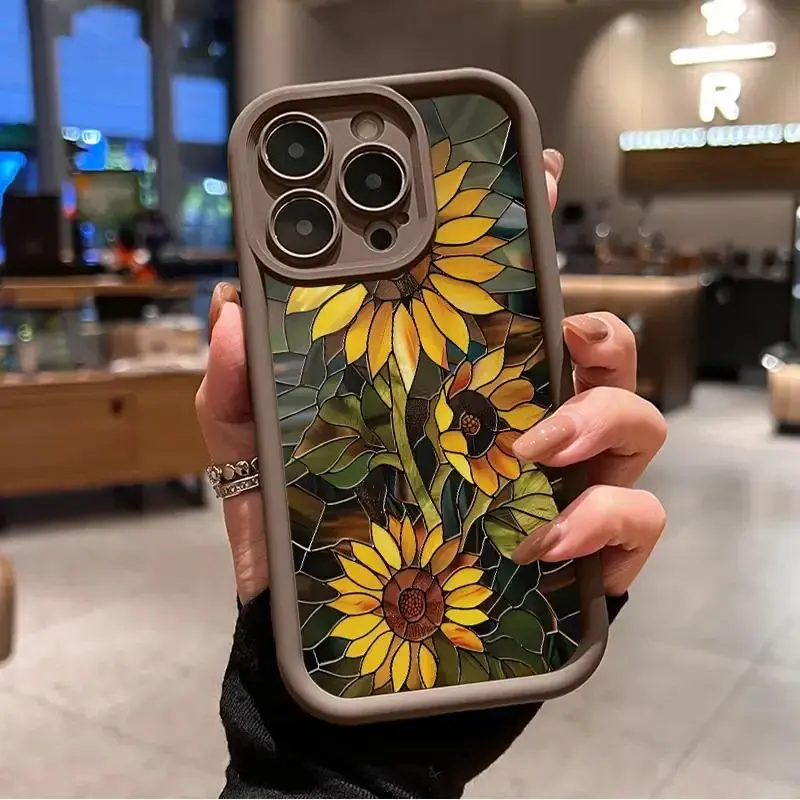 Artistic Sunflower Pattern Phone Case for iPhone 17 Pro Max 16 15 14 Plus 13 12 11 X XS Air Shockproof Non Slip Military-Grade Protection Silicone Cover Cellphone Casing, Trendy Gift