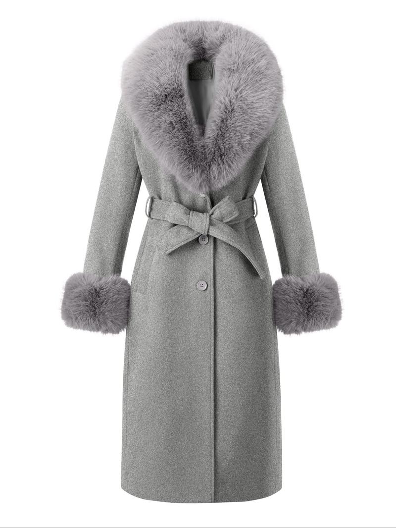 Women's Fall Winter Mid-Length Solid Color Coat, Warm Fitted Coat with Fur Collar, Waist Belt & Pockets, Casual Style