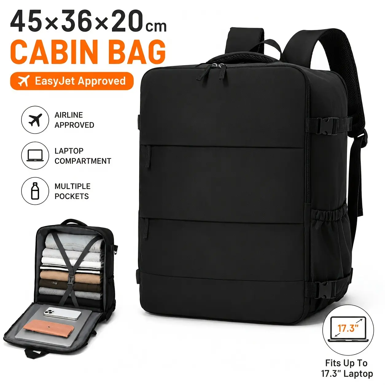 Easyjet Cabin Flight Approved Backpack for Traveling on Airplane, for Men & Women, Large Carry-On Suitcase with Laptop Compartment, Lightweight Travel Bag for Airplane Trips