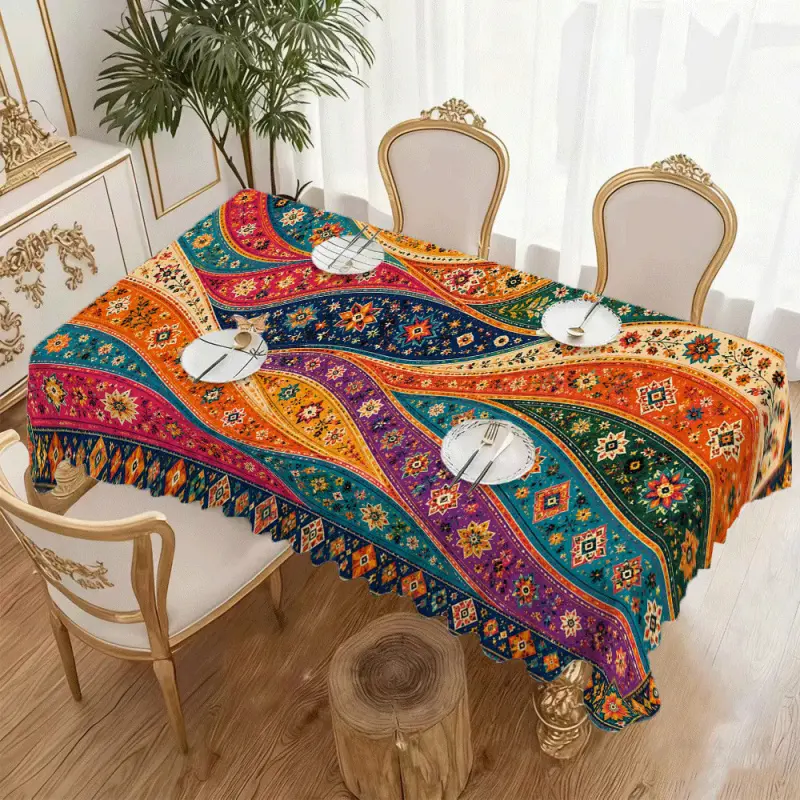 Bohemian Dreamcatcher Theme Tablecloth with Vibrant, Flowing Exotic Prints Durable Polyester Material; Suitable for Picnics, Camping, Weddings, Parties, Dining, Buffets, and Home Decor; Easy to Clean; Tabletop Accessory