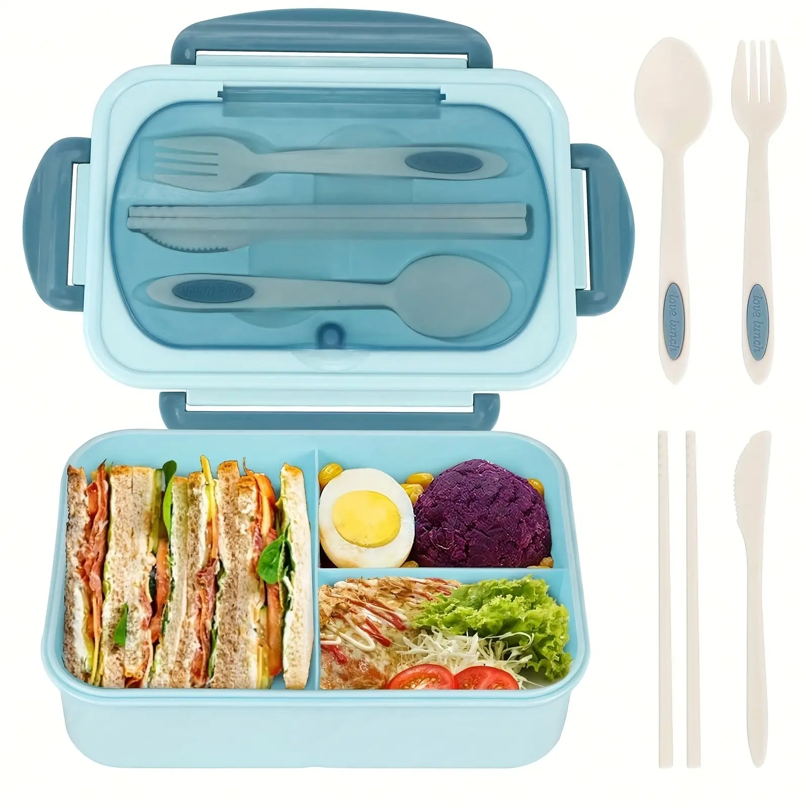 1-piece portable lunch box, simple three-compartment leak-proof food container, includes a compartment for utensils, 1200ml Microwavable Bento Box, comes with spoon, fork, and chopsticks, suitable for students, office workers, and picnic trips.