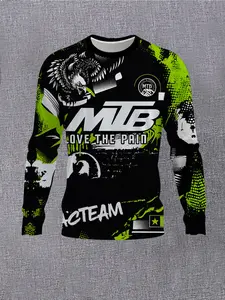 Men's Mountain Bike Eagle Graffiti 3D All Over Print Long Sleeve Top, Green Splatter Distressed Letter Graphic Crew Neck Shirt, Outdoor Sports Streetwear Loose Long Sleeve Tee For Cycling Hiking Daily Outfit.
