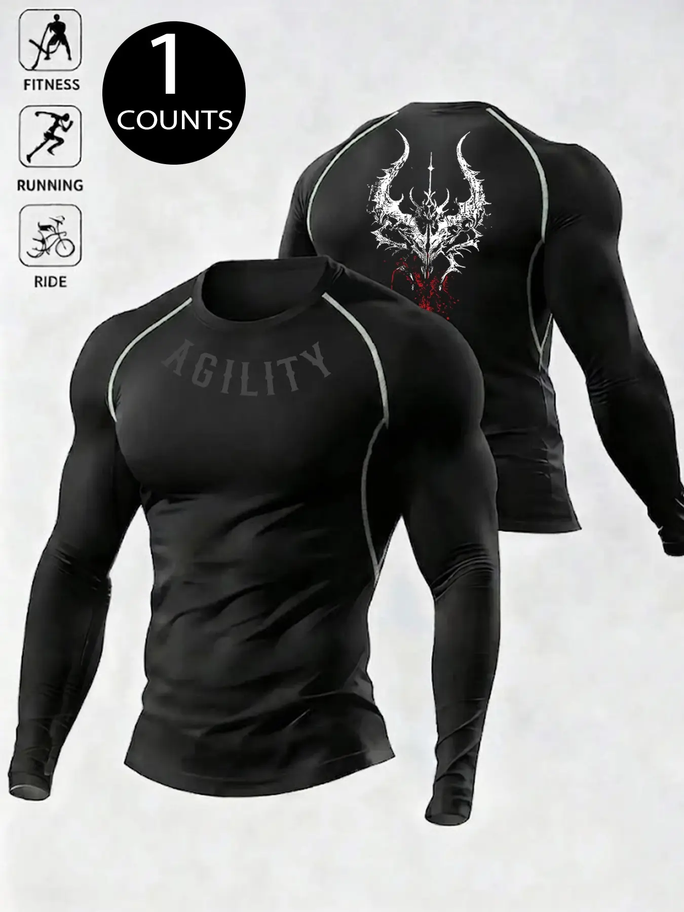Men's Printed Compression Long Sleeve Top, Quick-Dry Moisture-Wicking Athletic T-Shirt, Athletic Streetwear, Versatile Athleisure Wear for Multi-Scenario Outfits — Gym, Running, Cycling, Street Style & Daily Casual, Slim Muscle Fit Trendy Sportswear