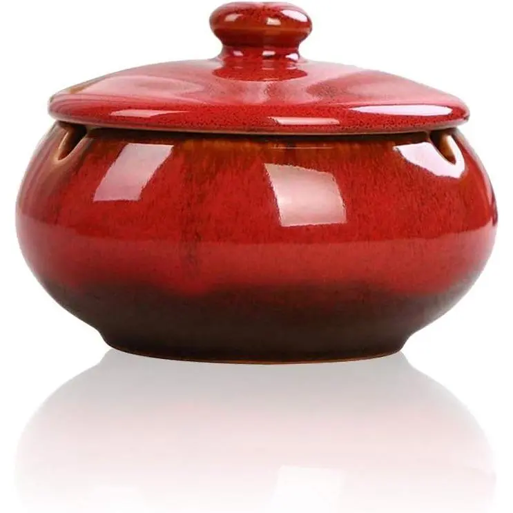 Ceramic Ashtray with Lids, Windproof, Cigarette Ashtray for Indoor or Outdoor Use,Ash Holder for Smokers,Desktop Smoking Ash Tray for Home Office Decoration- Red