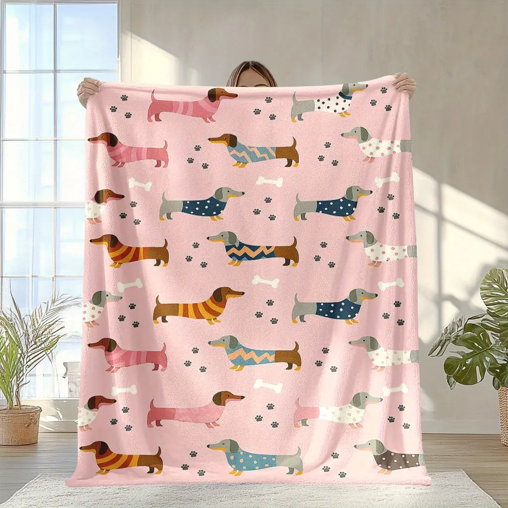 1pc Cute Dachshund Pattern Flannel Blanket (280GSM), Soft Warm Durable Wrinkle-Resistant Fade-Resistant, All-Season for Sofa Bed, Holiday Christmas Home Gift, Textile Bedding Throw