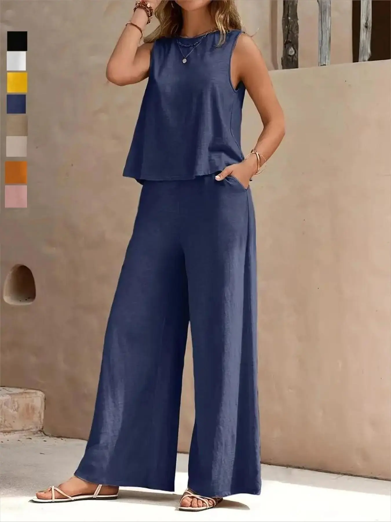 Elegant Two-Piece Set for Daily Wear, Round Neck Vest and Wide Leg Pants, Casual High-Waist Long Pants, Solid Color, Loose-Fitting