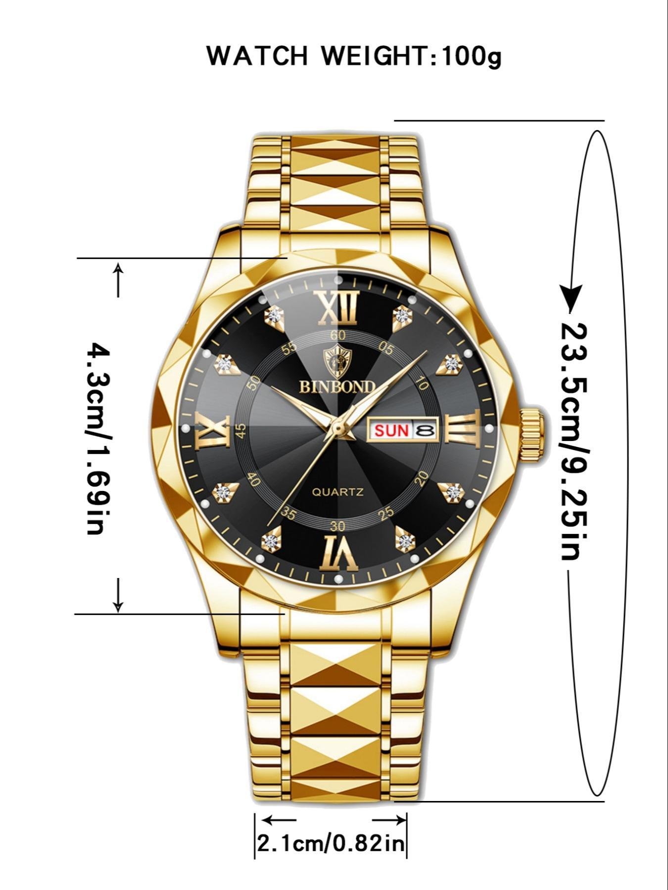Men's Business Fashion Rhinestone Decor Analog Quartz Watch, Calendrier Waterproof Watch for Party, Daily Decor, Trendy Watch for Birthday Gift with Box, Stainless Steel Wristwatch, Rhinestone Embellished Watch