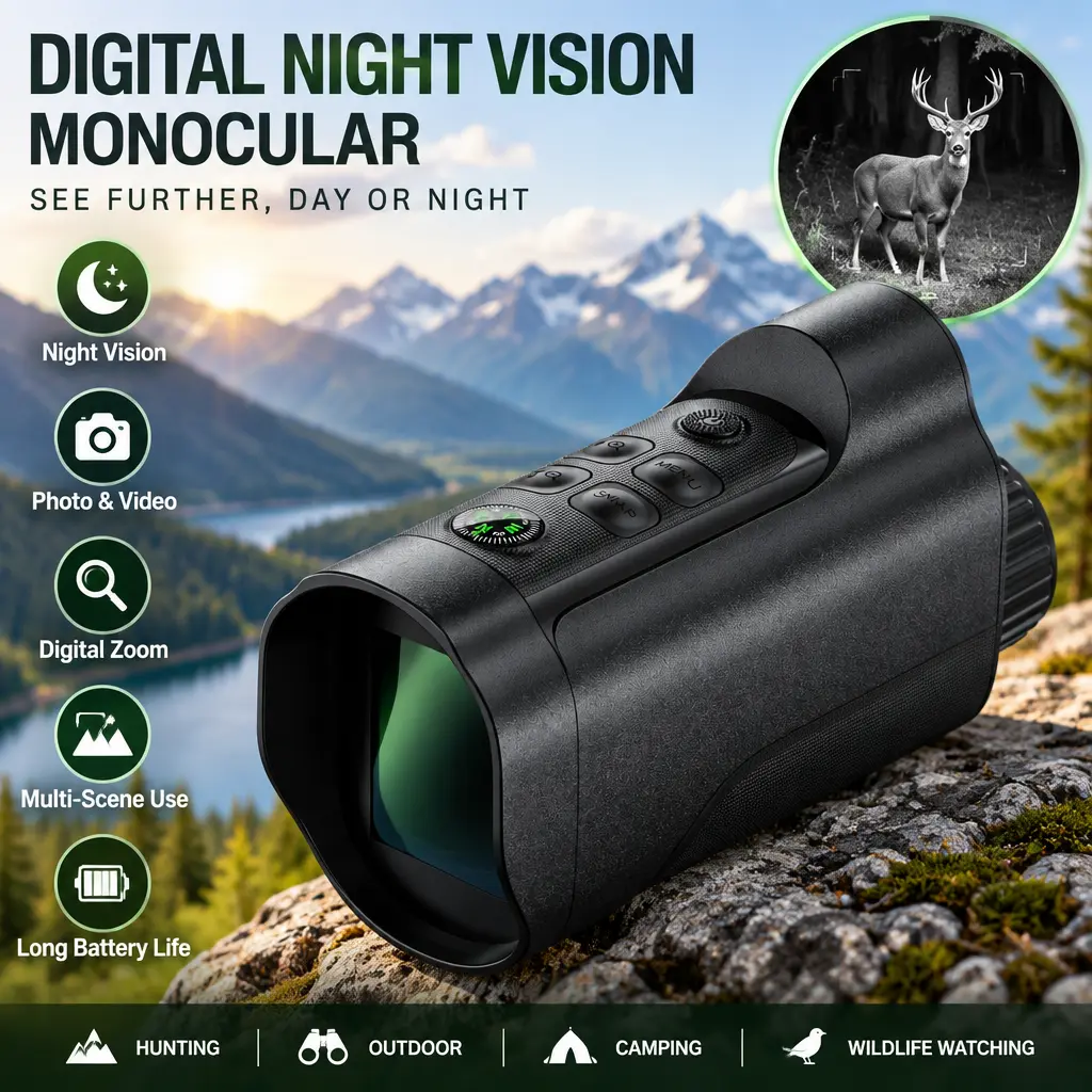 Portable Infrared Night Vision Monocular Telescope, Day & Night Use Digital Night‑Vision Scope with 7‑Level IR Adjustment, 2000mAh Rechargeable Battery for Hunting, Camping & Surveillance