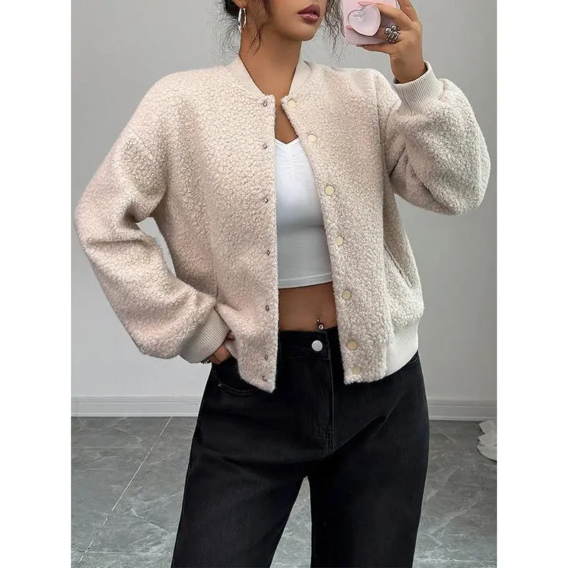 Women’s Casual Textured Jacket, Collarless Button Front Bomber Coat with Pockets, Long Sleeve Solid Color Polyester Outerwear, Soft Comfortable Ribbed Cuff Jacket for Spring Autumn Winter, Trendy Everyday Streetwear Leisure Fashion, Chic Fashion