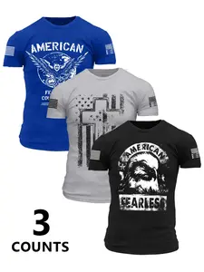 Men's Summer American Vintage Broken Flag 3-Pack, Loose-Fit Short Sleeve T-Shirts, Casual Round Neck, Ideal for Outdoor Activities