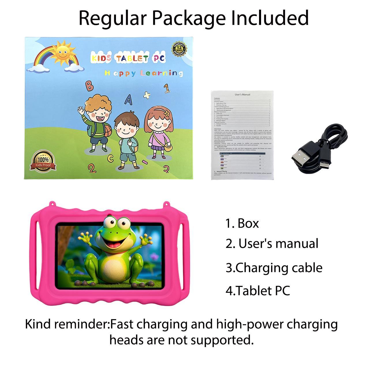 7 Inch Android Tablet, 1 Count Parental Control Learning Tablet with Shockproof Case, Dual Camera Tablet for Education, Best Gift, No Adapter