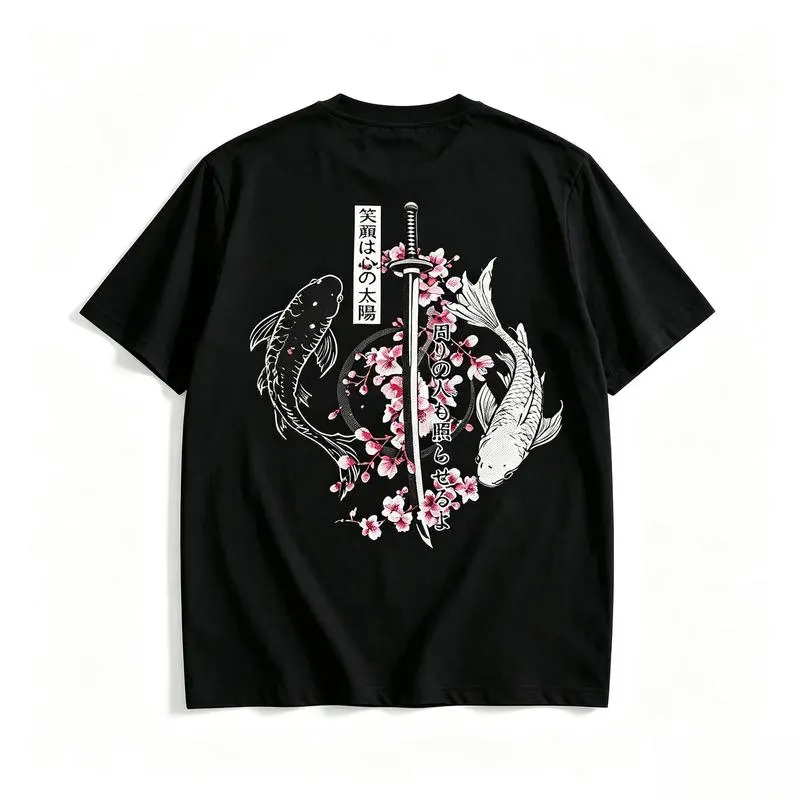 100% Cotton Men's Samurai Sword and Cherry Blossom Graphic Print T-Shirt, Casual Streetwear for Daily Wear, Trendy Outdoor Style,music, Shortsleeve, Round Neck