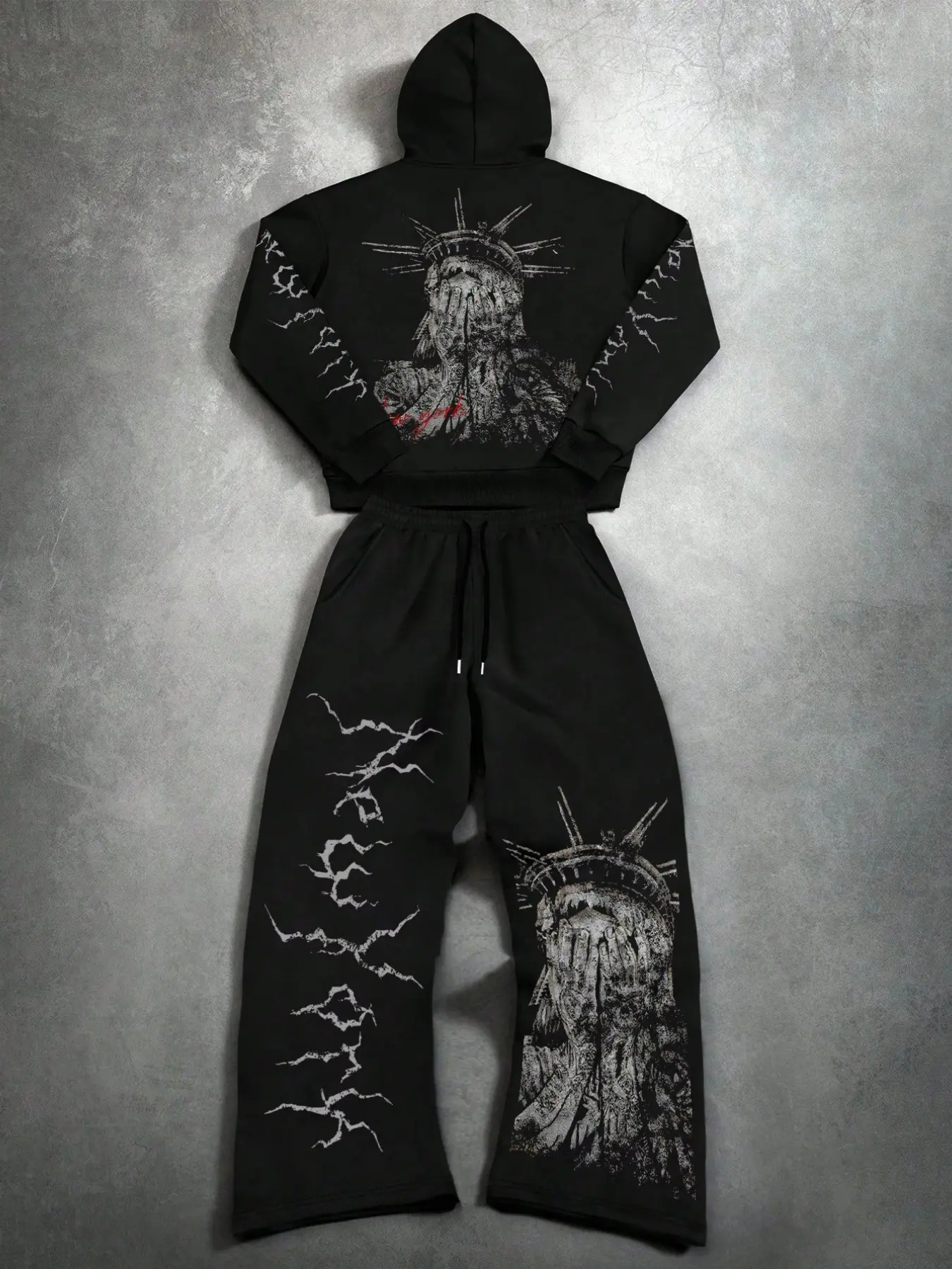 2Pcs Oversized Liberty Statue Tracksuit Set, Y2K Gothic Graphic Hoodie and Baggy Sweatpants for Men, Streetwear Outfit
