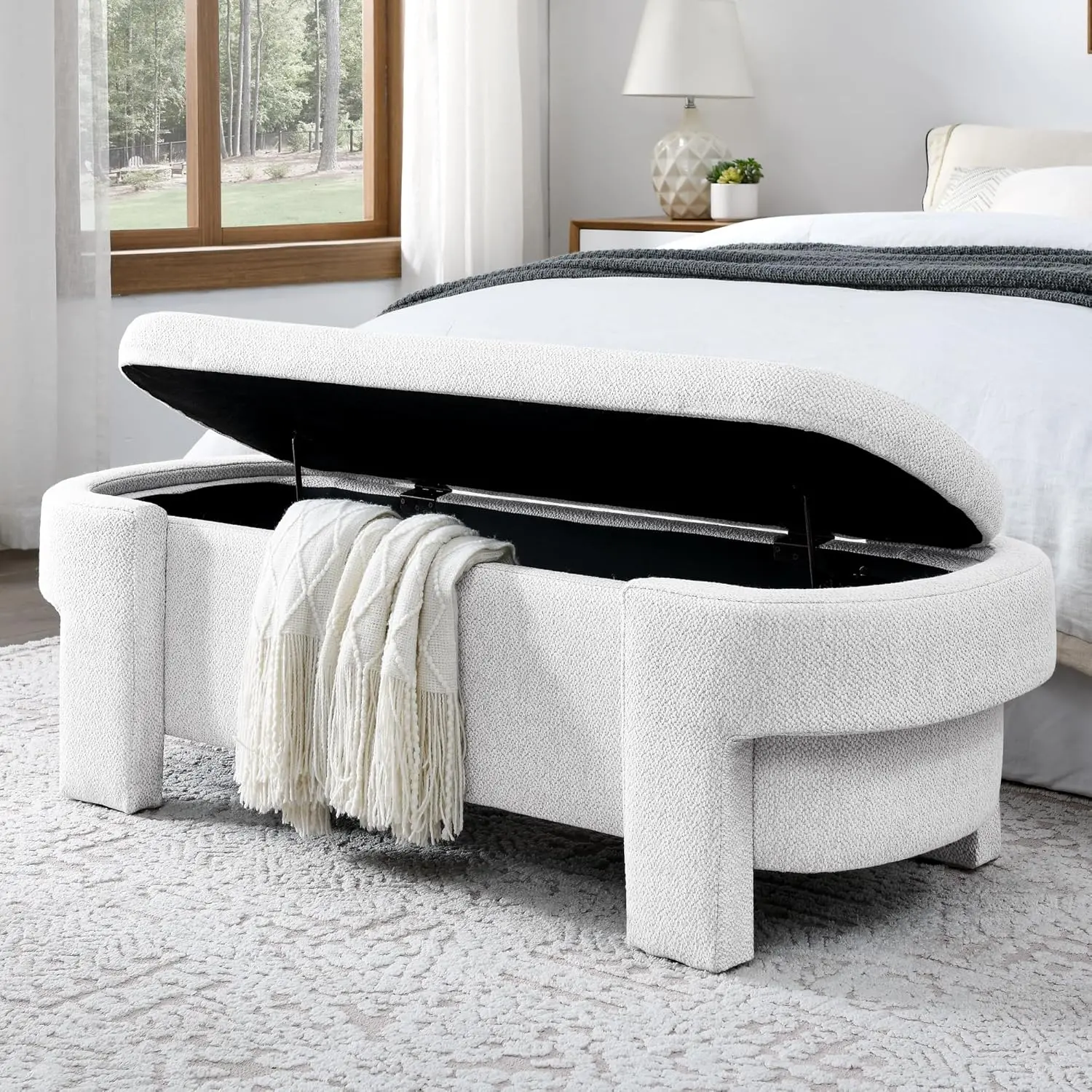 51.5" Oval Storage Bench End of Bed Storage Benches Linen Fabric Upholstered Ottoman Bench with Large Storage Space for Living Room Entryway Bedroom Hallway