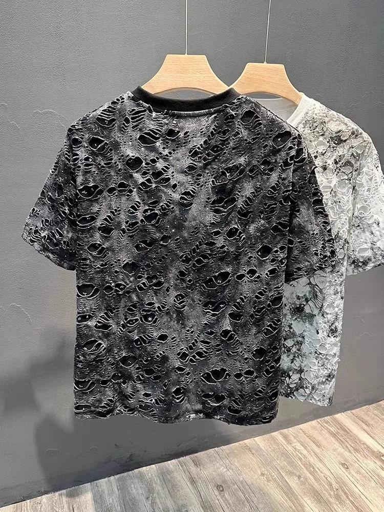 Summer 2026 Trendy Brand Men's T-shirt Loose Casual All-Match Tie-Dye Hole Design round Neck Short Sleeve Breathable