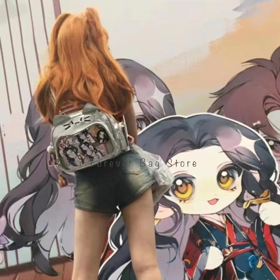 Y2K Korean Cute Cat Ita Bag Japan Kawaii PU Crossbody Bag Girls Transparent Pocket Harajuku Shoulder Bag Silver Fashion Backpack