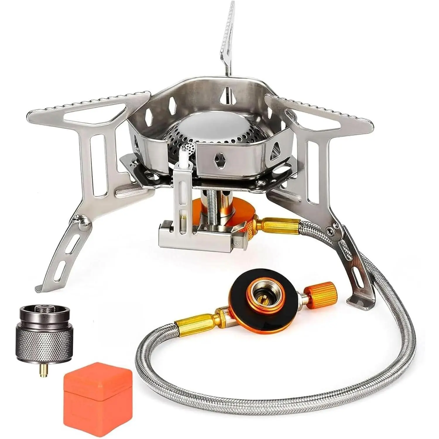 Portable Backpacking Stove with Piezo Ignition, Windproof Foldable Camping Gas Stove with Propane Canister Adapter for Outdoor Hiking PicnicGift