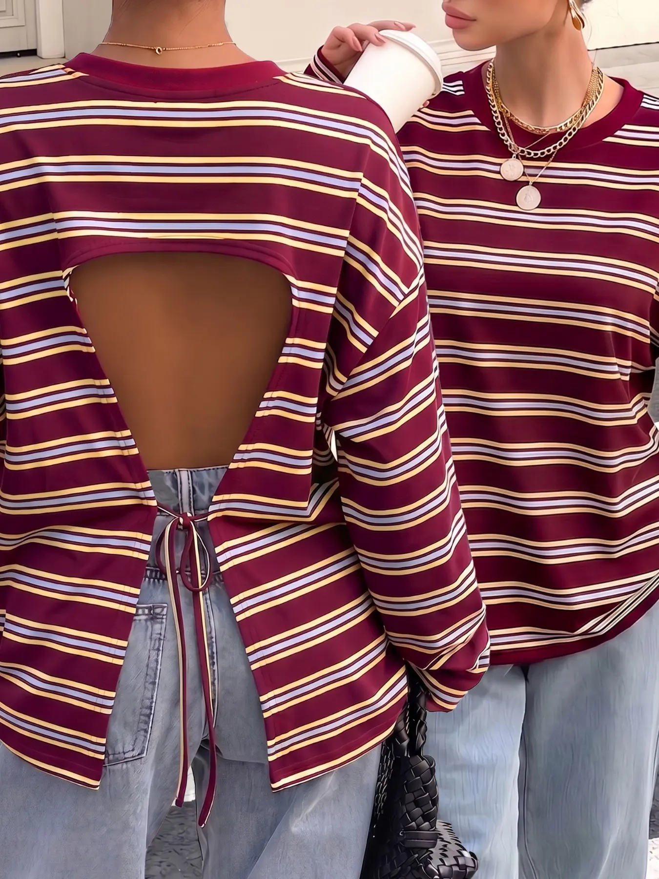 Striped Back Cutout Long Sleeve Top, Tie-Back Drop Shoulder Loose Knit Shirt, Street Style Women's Casual Blouse, Vintage Striped Daily Wear