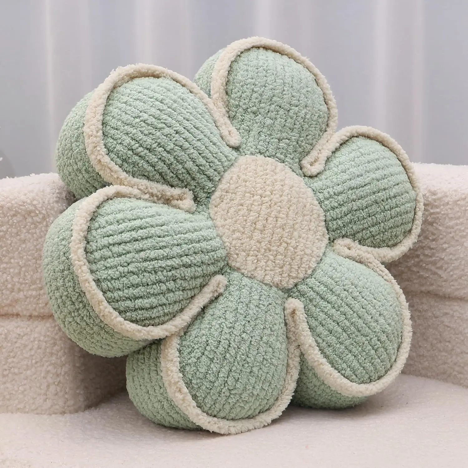 1-Pack 16-Inch Sage Green Daisy-Shaped Decorative Throw Pillow, Soft Floor Cushion for Couch, Bed, Aesthetic Girls' Bedroom Decor