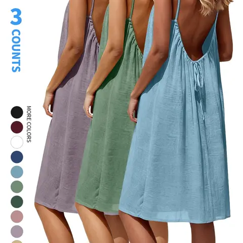 1/3 pcs Women's Solid Color Cami Spaghetti Strap Lounge Dress, Adjustable Elegant Minimalist Sleeveless Knee-Length Nightdress, Casual Sleepwear Loungewear for Summer Indoor Wear