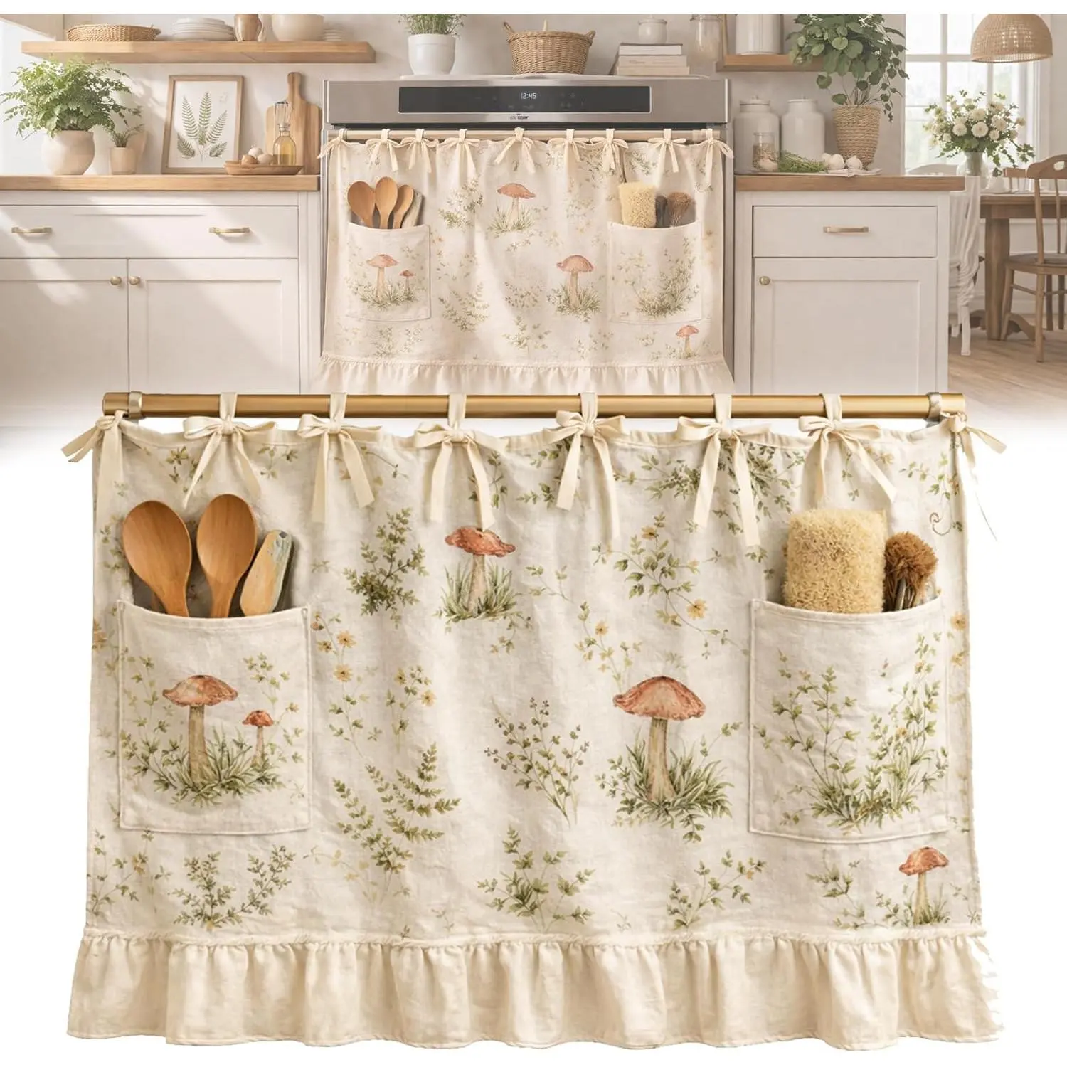 Handmade Farmhouse Large Oven 30*21in Stove Cover - Rustic Linen Curtain with Natural Plant Print, Storage Pockets, Ruffled Hem, Multi-Size, Keeps Kitchen Tidy, All-Purpose Kitchen Cover for Indoor Recreation